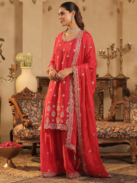 Pink Embroidered Chinon Straight Kurta Palazzos With Dupatta