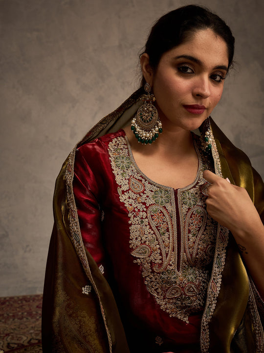 Maroon Embroidered Silk Blend Straight Kurta Palazzos With Dupatta