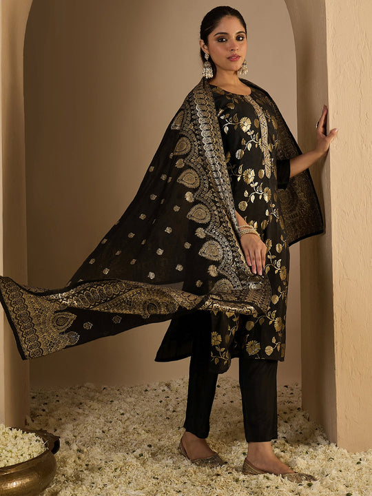 Black Woven Design Silk Blend Straight Suit Sets With Dupatta