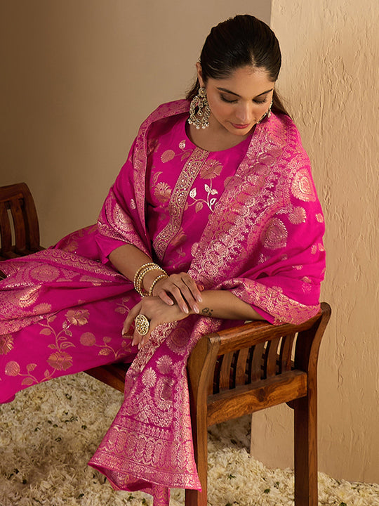 Pink Woven Design Silk Blend Straight Suit Sets With Dupatta