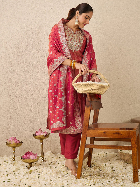 Rust Embroidered Silk Blend Straight Suit Sets With Dupatta