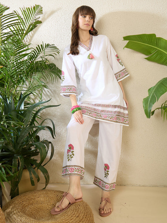 Indo Era White Printed Straight Kurta Palazzos set