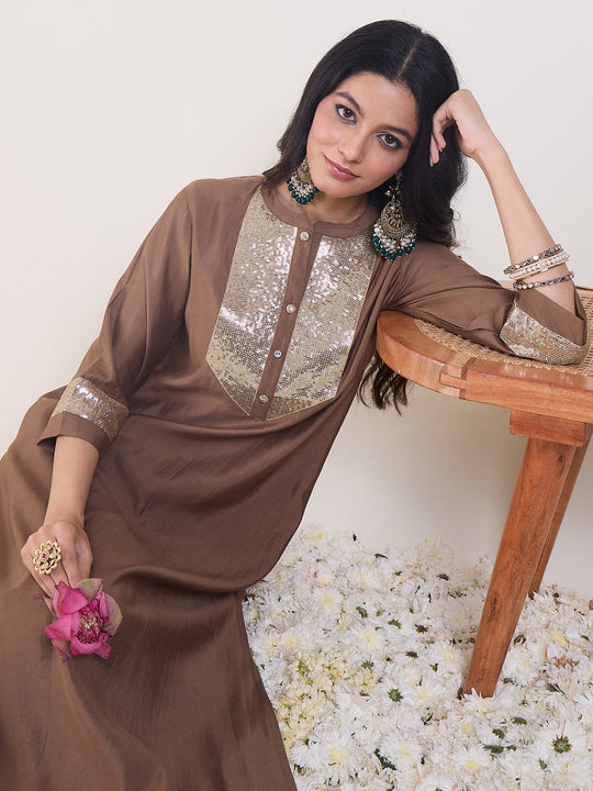 Indo Era Brown Embroidered Straight Kurta Trousers Set