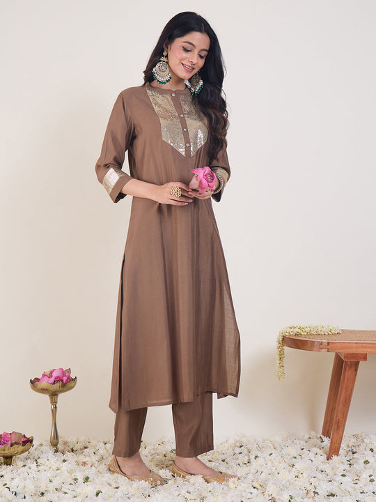 Indo Era Brown Embroidered Straight Kurta Trousers Set