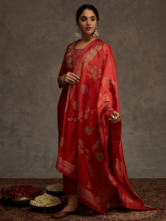 Rust Embroidered Silk Blend Straight Suit Sets With Dupatta