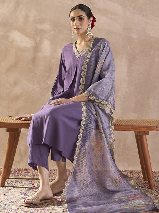 Indo Era Purple Solid A-Line Kurta Trousers With Dupatta set