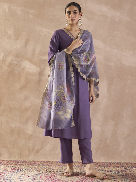Indo Era Purple Solid A-Line Kurta Trousers With Dupatta set