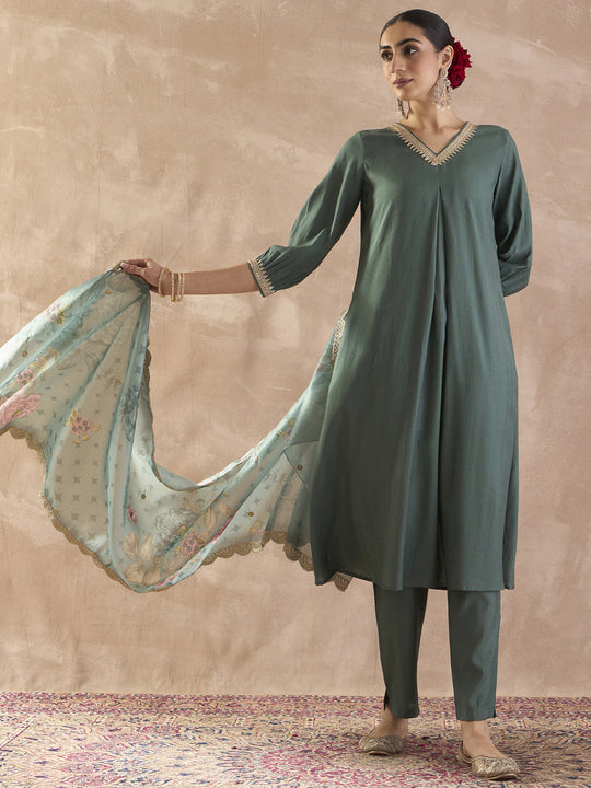Indo Era Teal Solid A-Line Kurta Trousers With Dupatta set