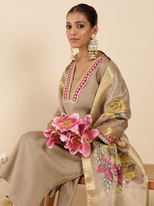 Indo Era Beige Embroidered Straight Kurta Trousers With Dupatta Set