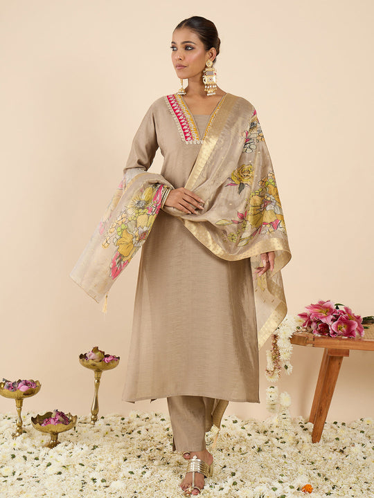 Indo Era Beige Embroidered Straight Kurta Trousers With Dupatta Set