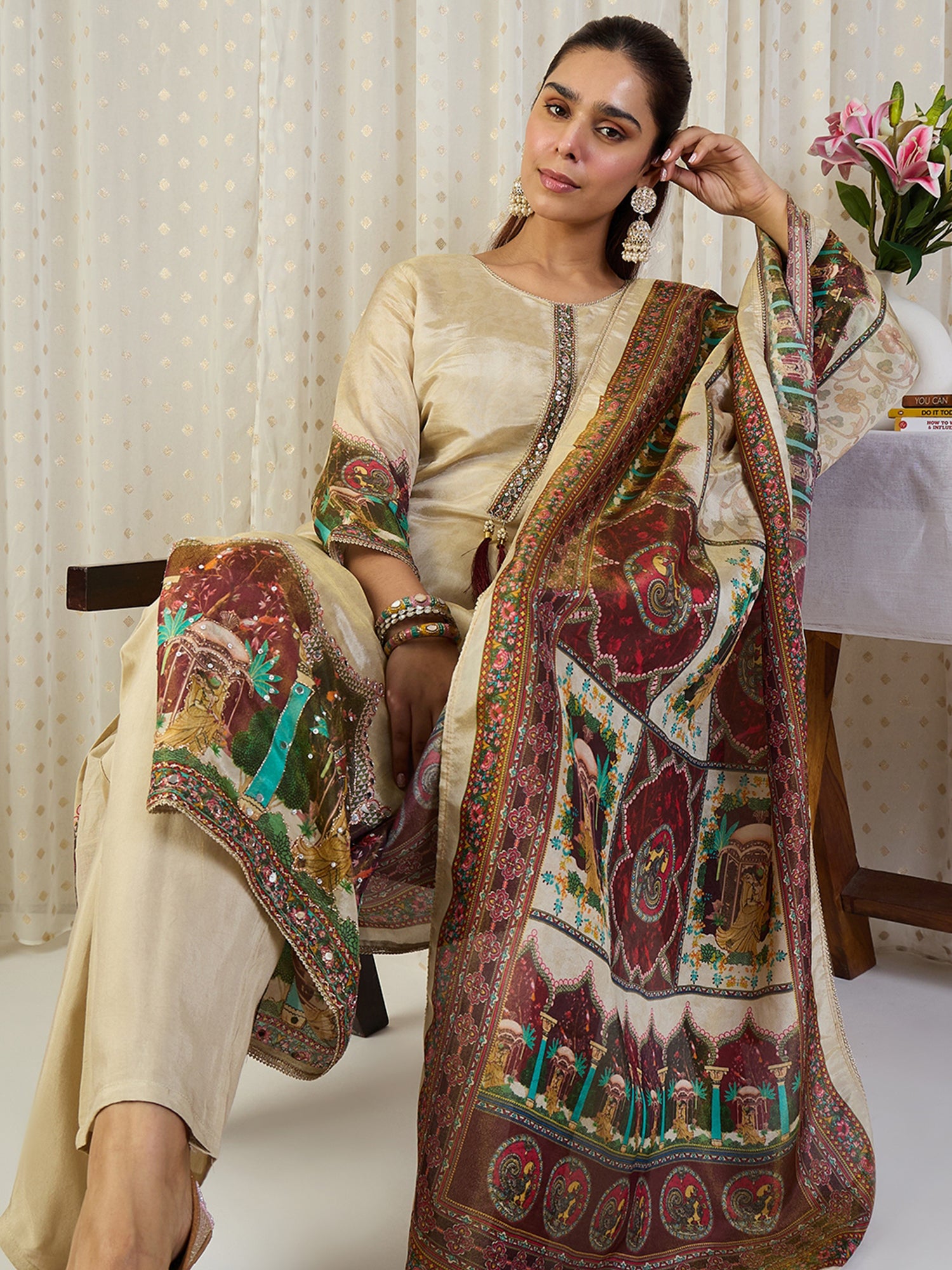 Indo Era Printed Straight Kurta Trousers With Dupatta set