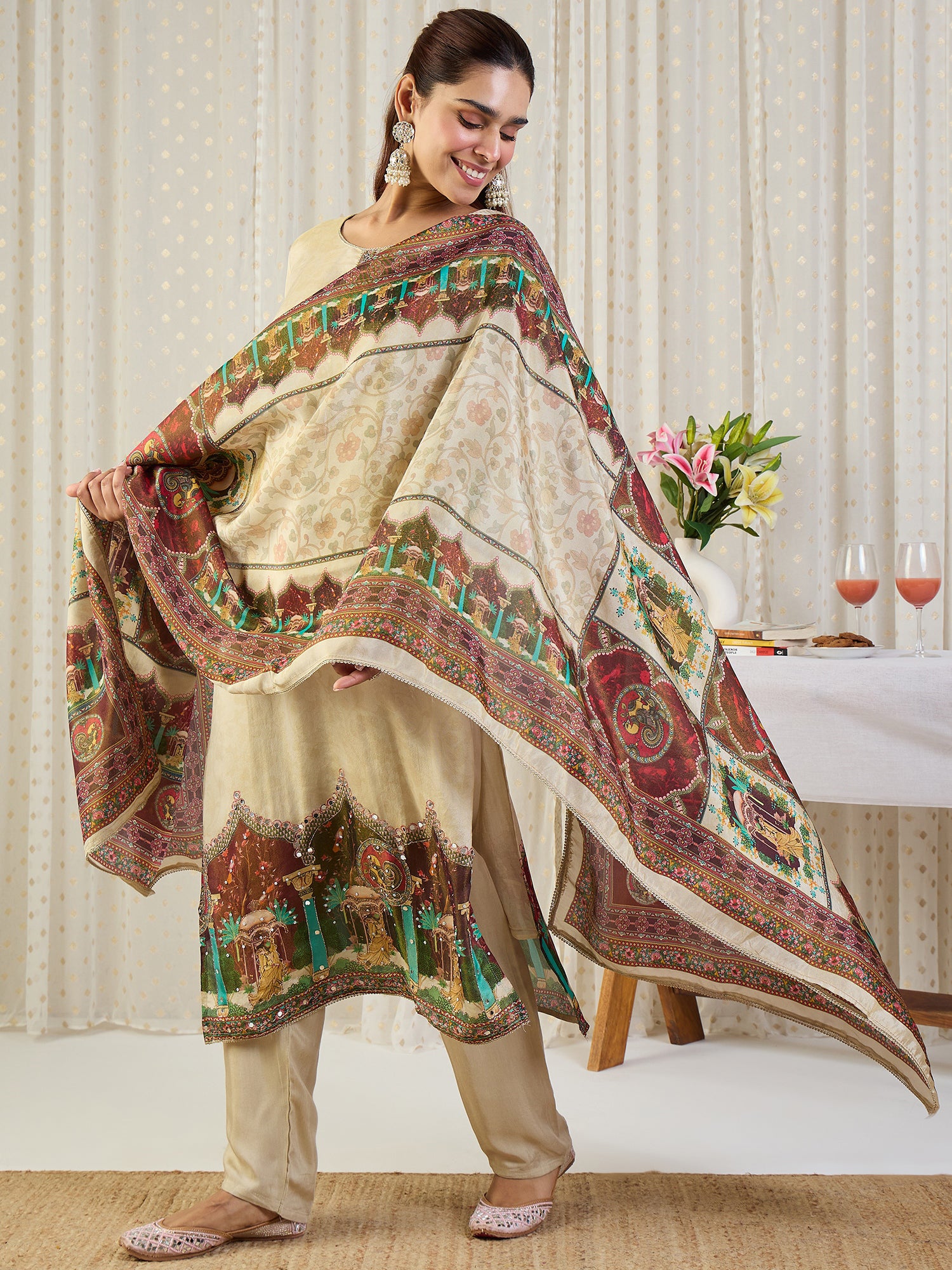Indo Era Printed Straight Kurta Trousers With Dupatta set