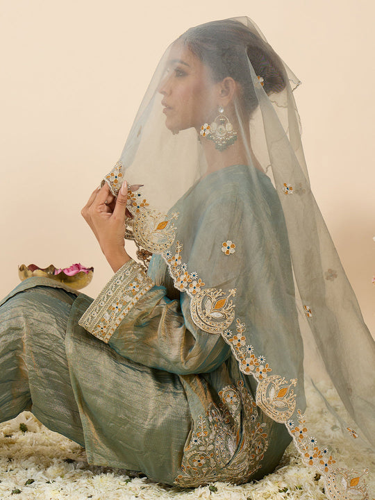 Indo Era Green Embroidered A-Line Kurta Dhoti Pants With Dupatta set