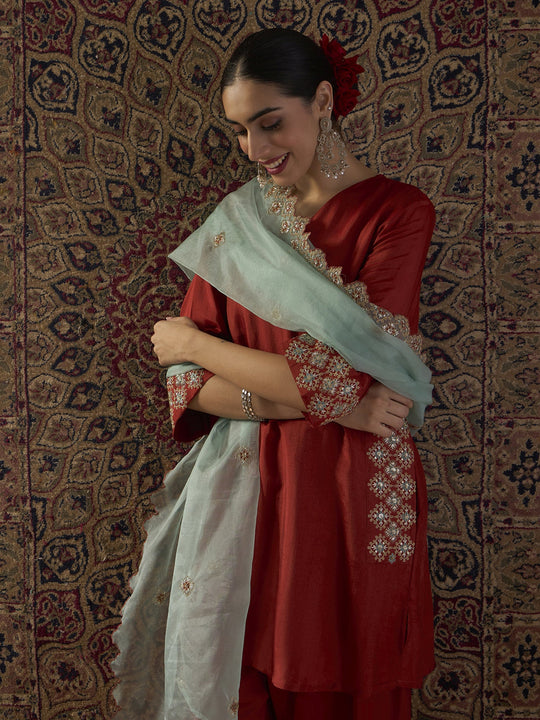 Indo Era Orange Embroidered Straight Kurta Trousers With Dupatta set