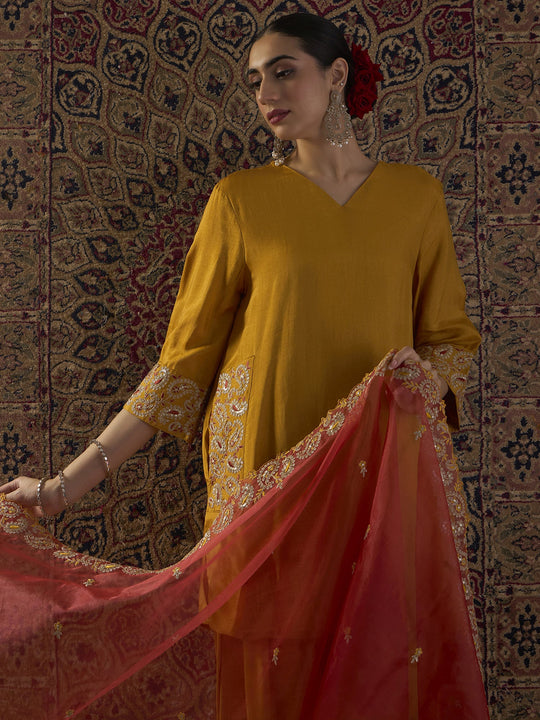 Indo Era Yellow Embroidered Straight Kurta Trousers With Dupatta set