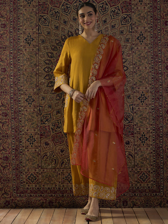 Indo Era Yellow Embroidered Straight Kurta Trousers With Dupatta set