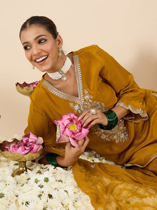 Indo Era Mustard Embroidered A-Line Kurta Palazzos With Dupatta set