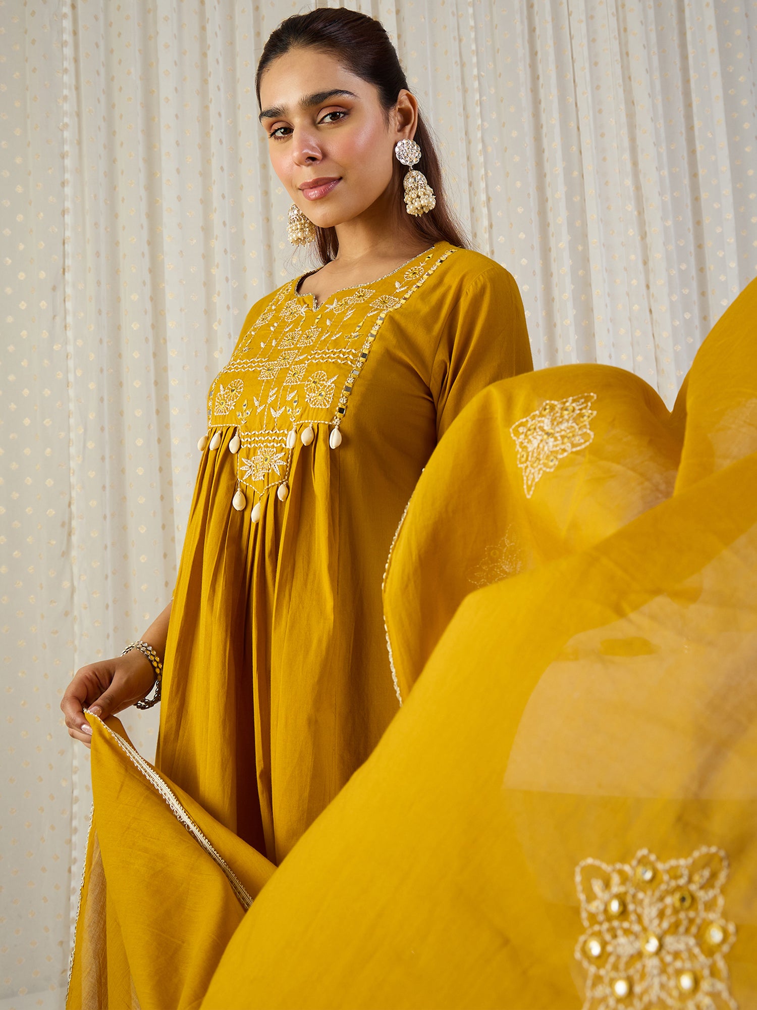 Indo Era Yellow Embroidered A-Line Kurta Palazzos With Dupatta set