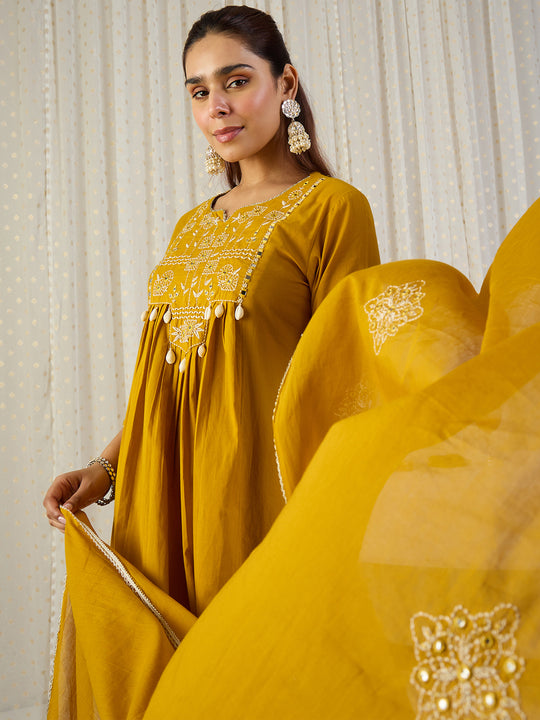 Indo Era Yellow Embroidered A-Line Kurta Palazzos With Dupatta set