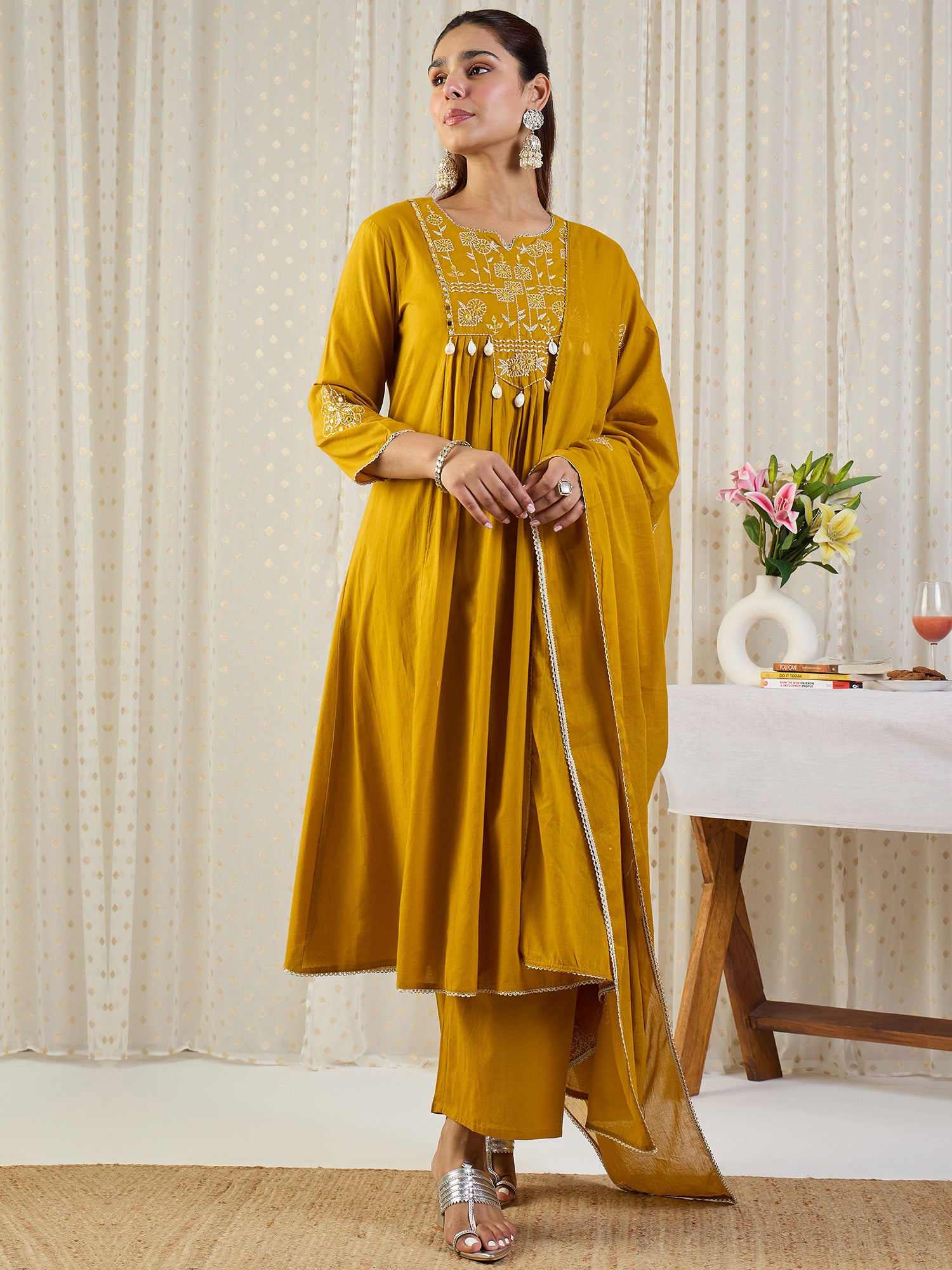 Indo Era Yellow Embroidered A-Line Kurta Palazzos With Dupatta set