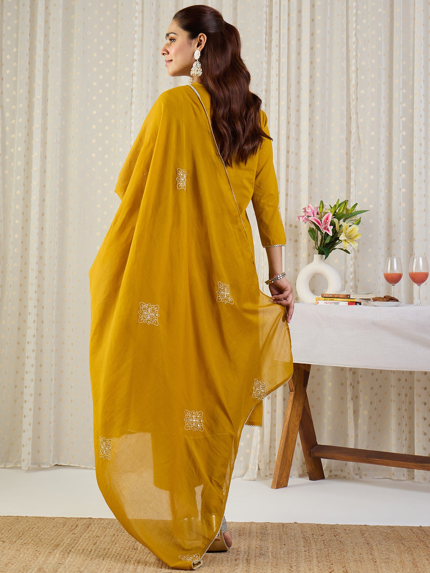 Indo Era Yellow Embroidered A-Line Kurta Palazzos With Dupatta set