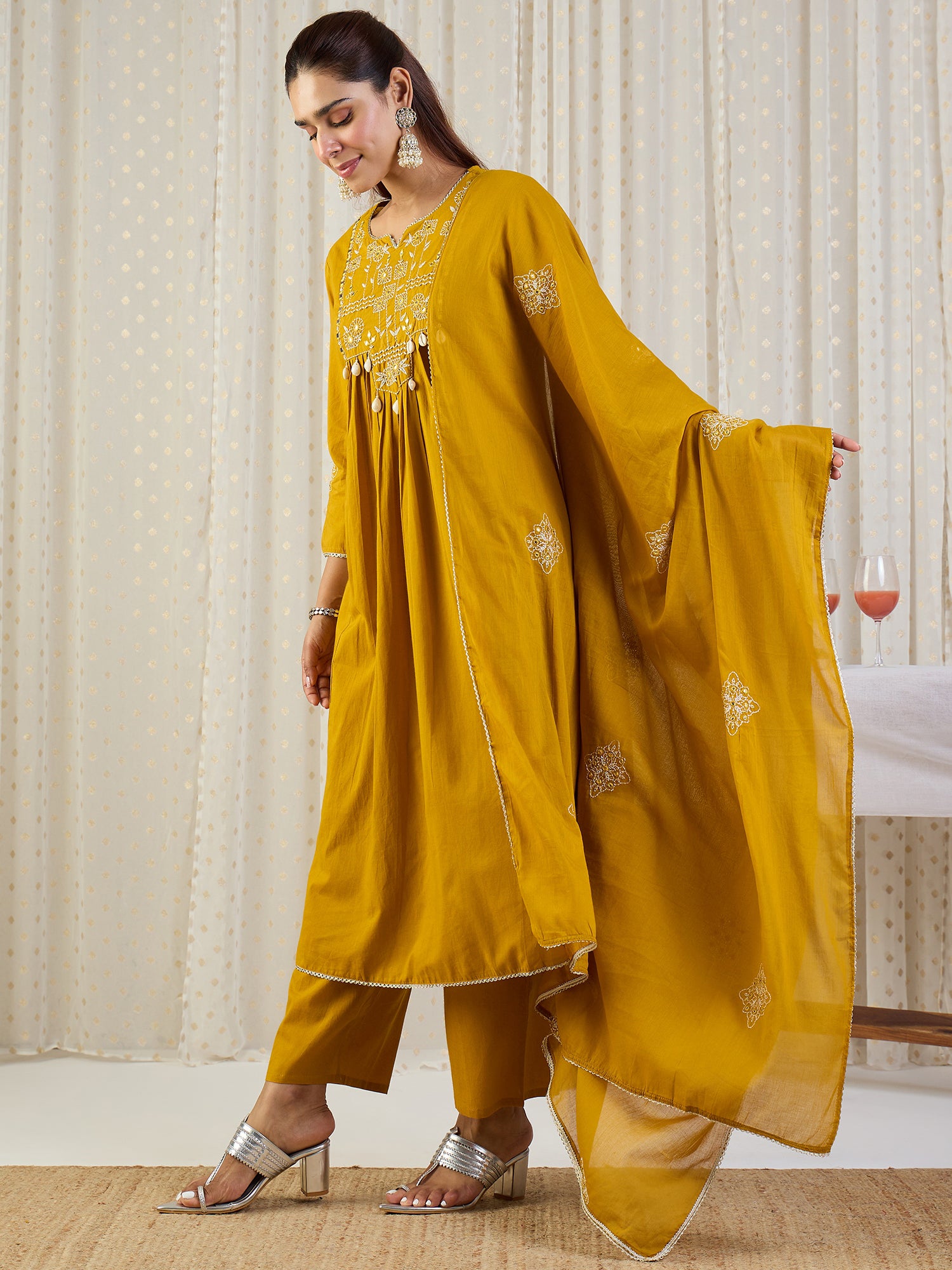 Indo Era Yellow Embroidered A-Line Kurta Palazzos With Dupatta set