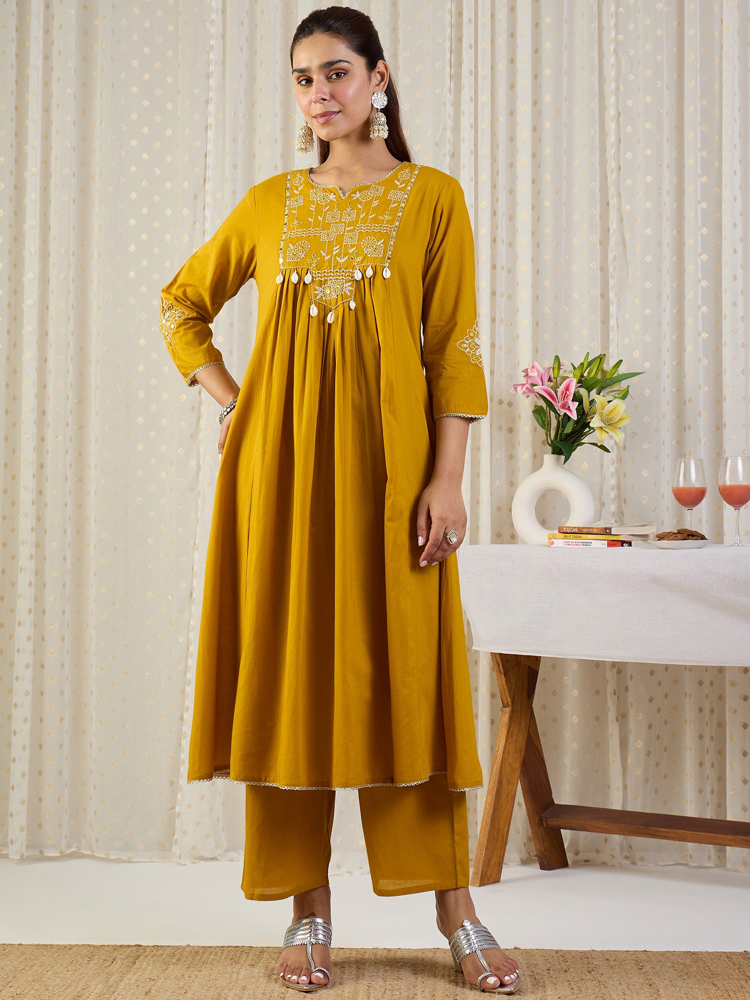 Indo Era Yellow Embroidered A-Line Kurta Palazzos With Dupatta set