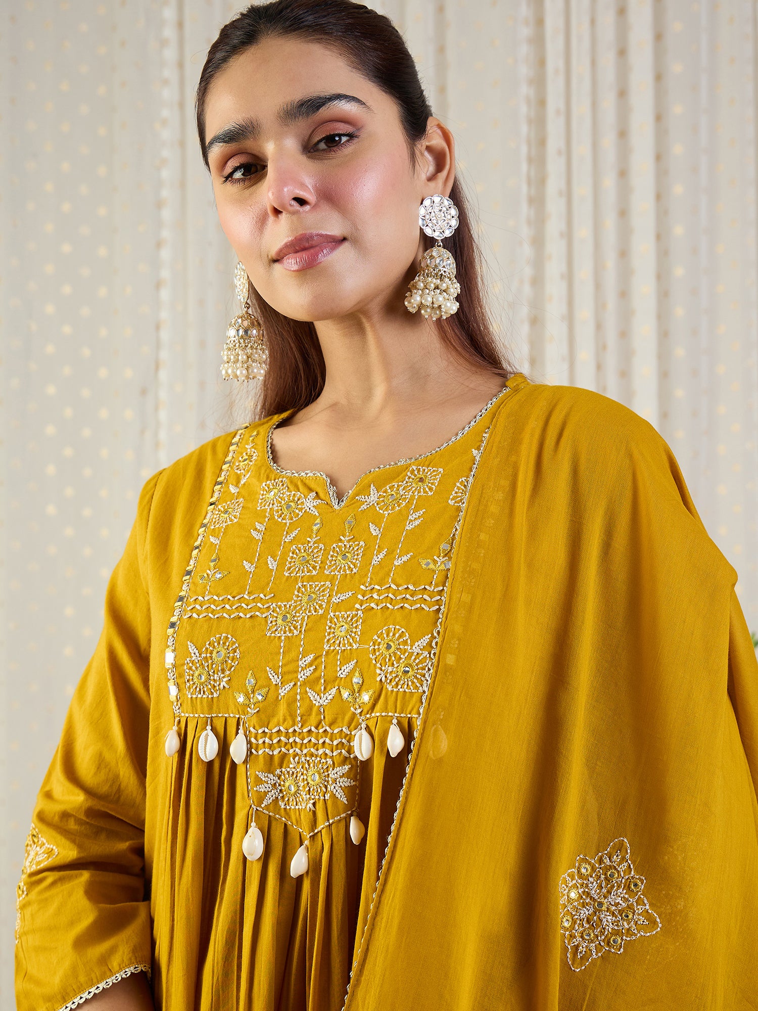 Indo Era Yellow Embroidered A-Line Kurta Palazzos With Dupatta set