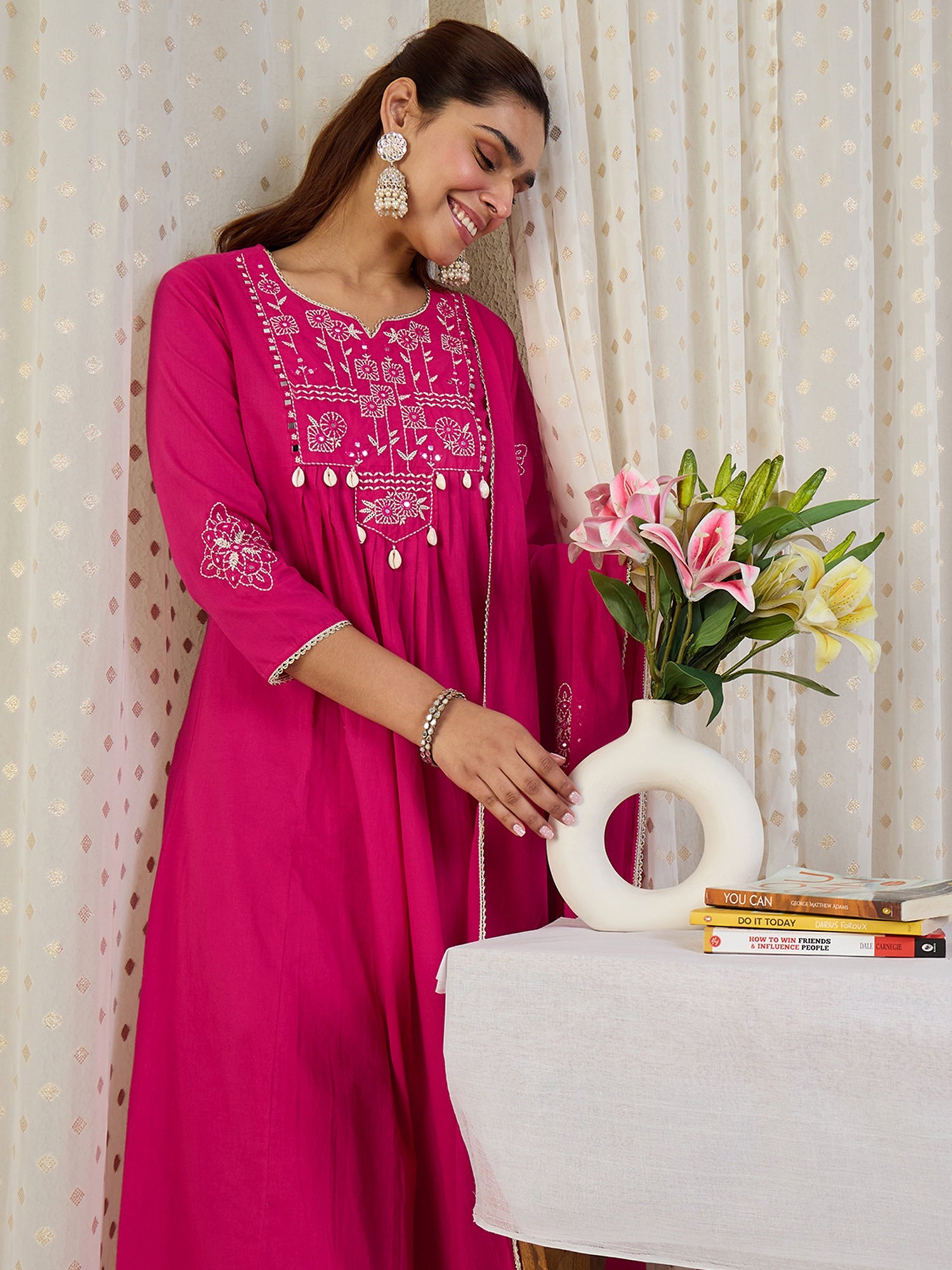 Indo Era Pink Embroidered A-Line Kurta Palazzos With Dupatta set