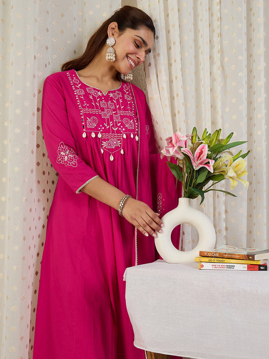 Indo Era Pink Embroidered A-Line Kurta Palazzos With Dupatta set