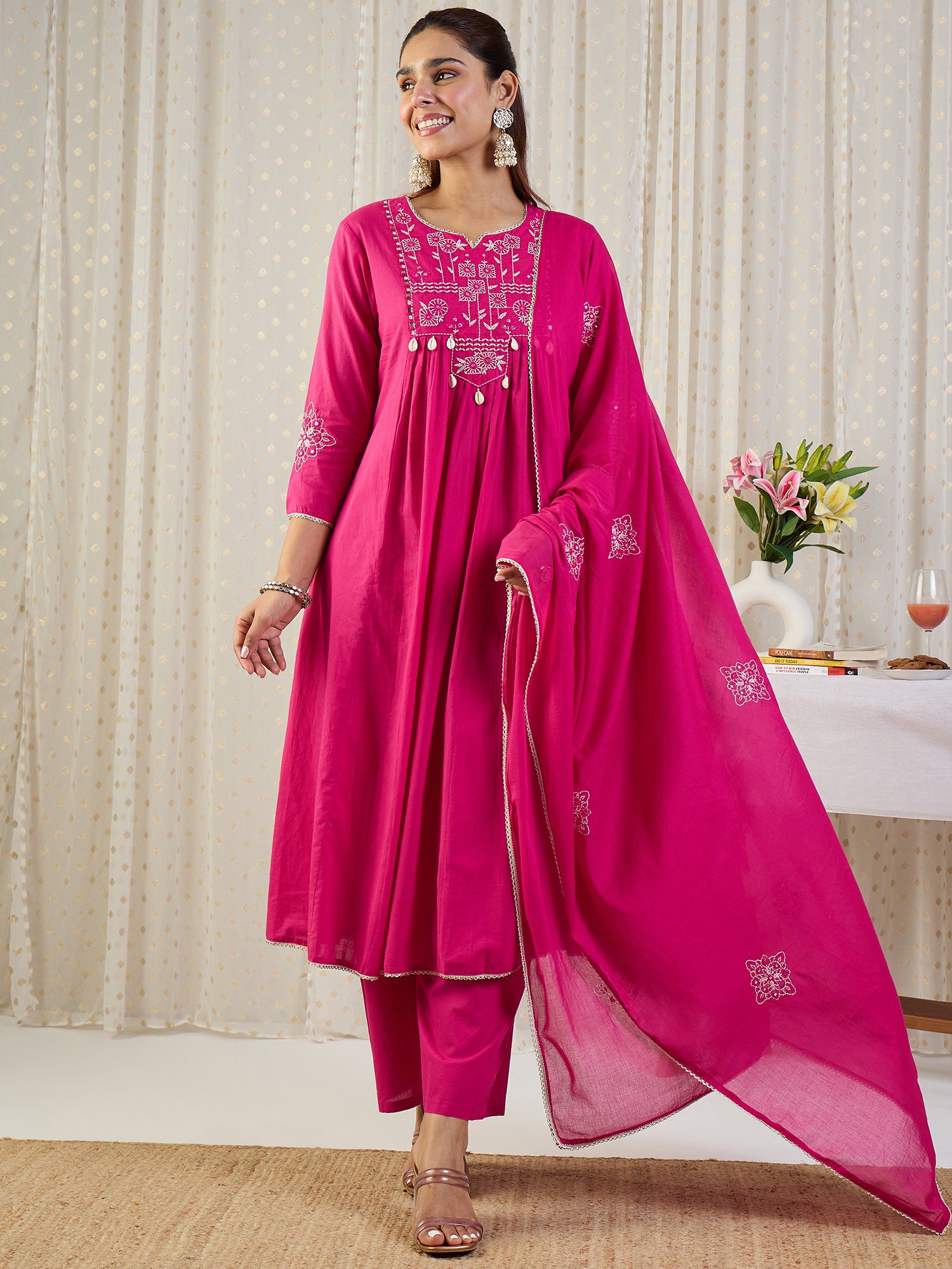 Indo Era Pink Embroidered A-Line Kurta Palazzos With Dupatta set