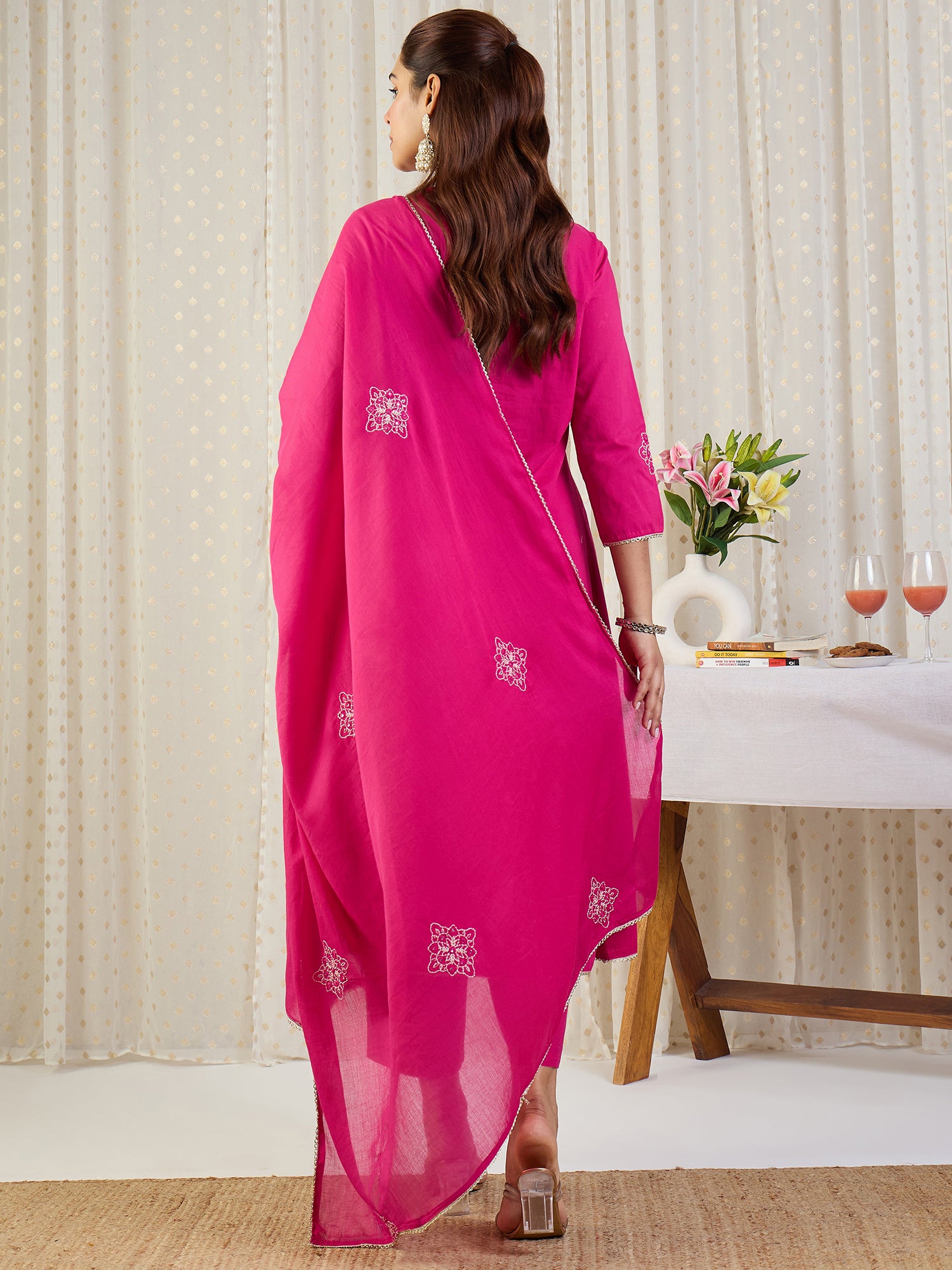 Indo Era Pink Embroidered A-Line Kurta Palazzos With Dupatta set
