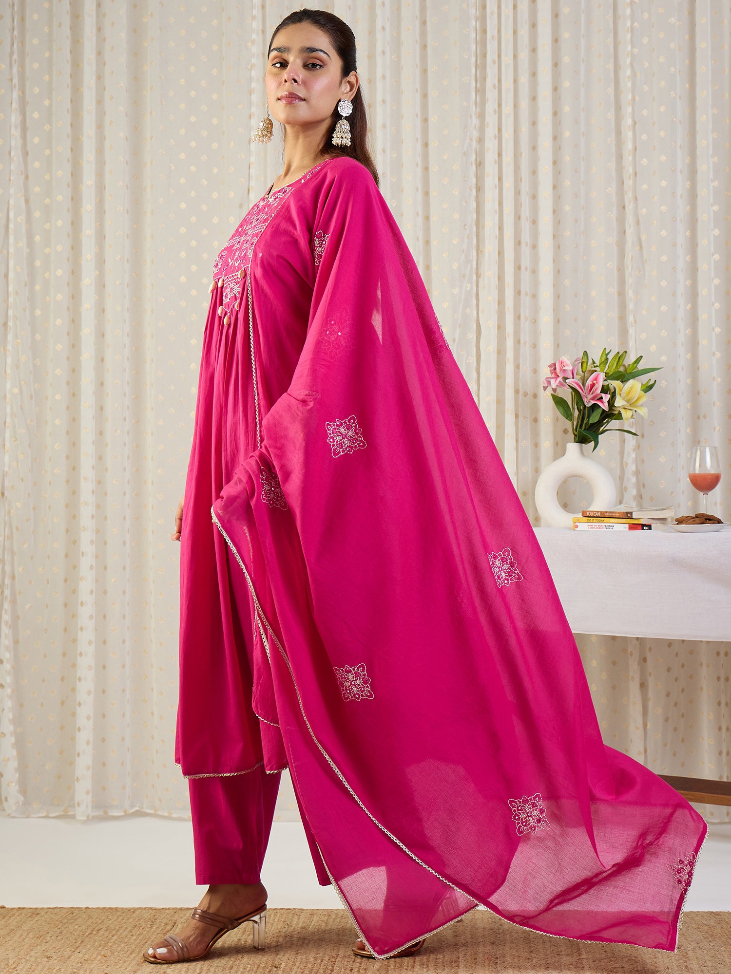 Indo Era Pink Embroidered A-Line Kurta Palazzos With Dupatta set