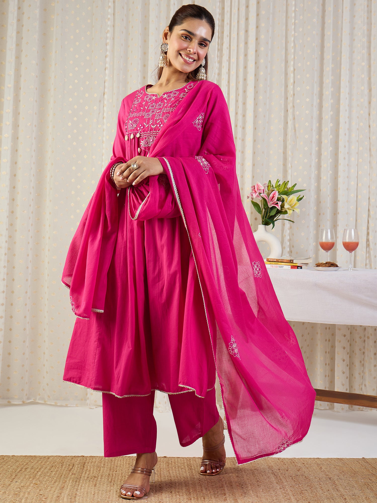 Indo Era Pink Embroidered A-Line Kurta Palazzos With Dupatta set