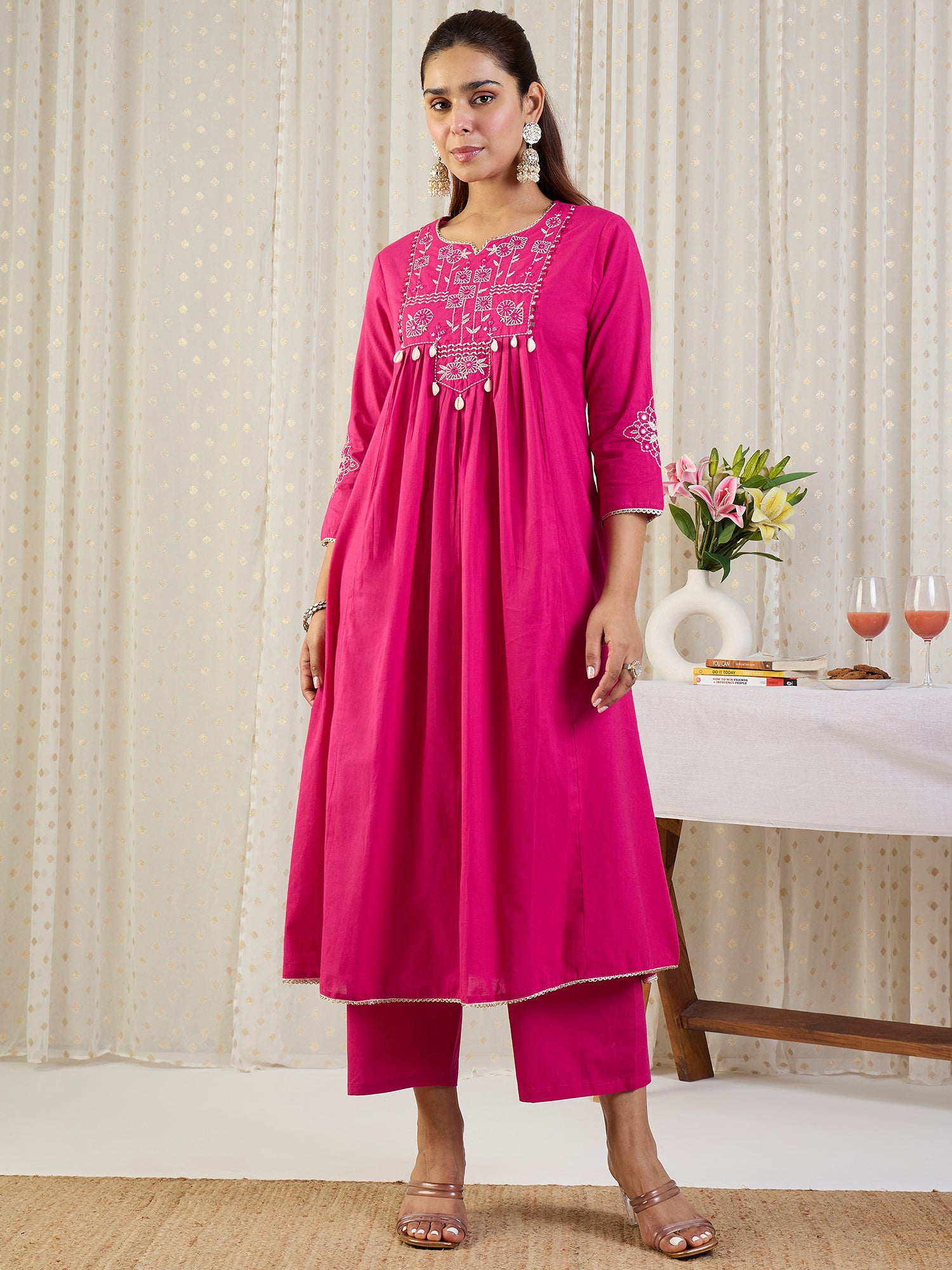 Indo Era Pink Embroidered A-Line Kurta Palazzos With Dupatta set