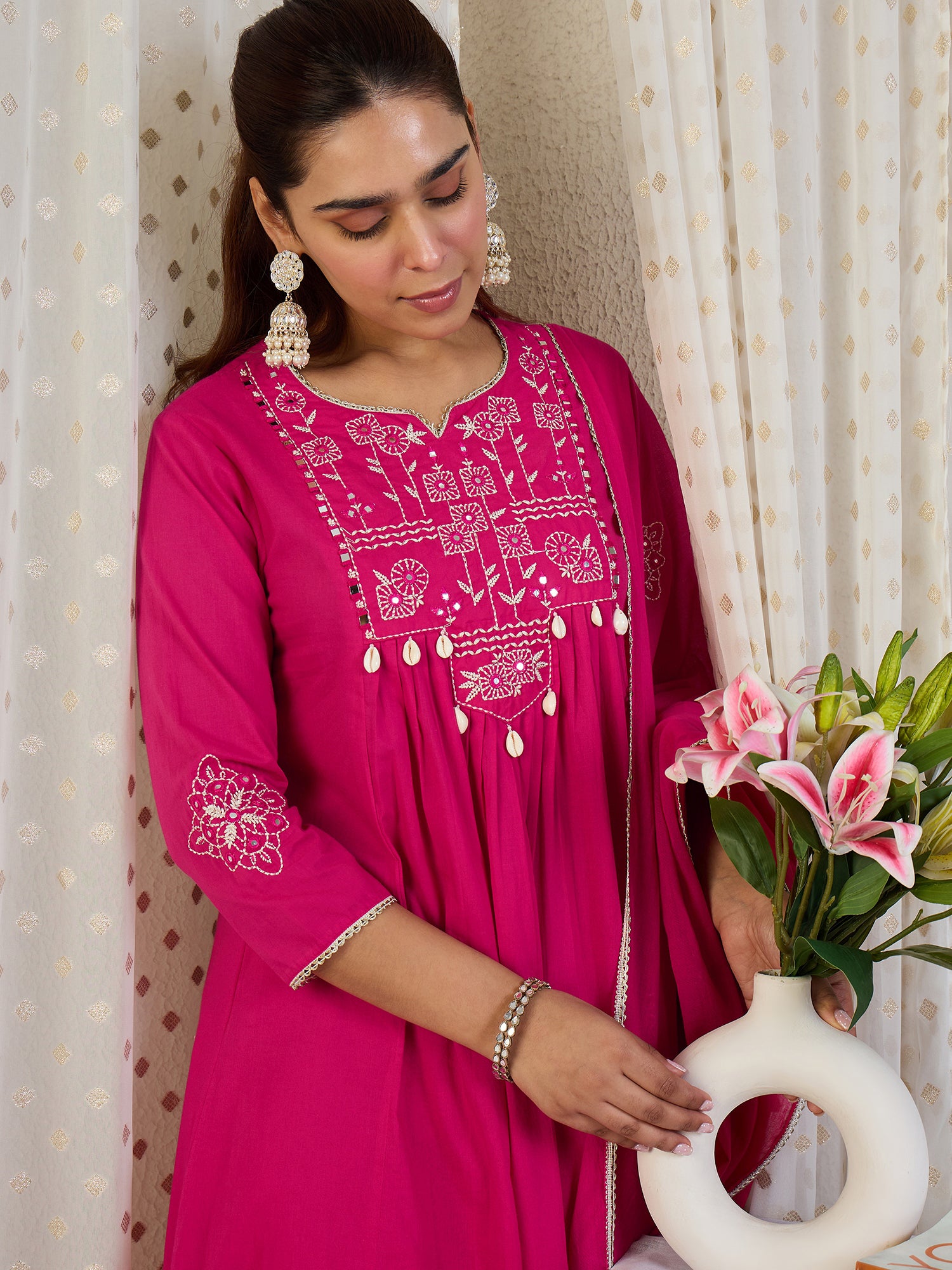 Indo Era Pink Embroidered A-Line Kurta Palazzos With Dupatta set