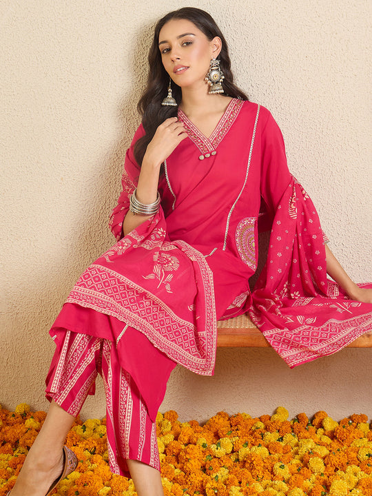 Indo Era Pink Printed A-Line Kurta Palazzos With Dupatta set