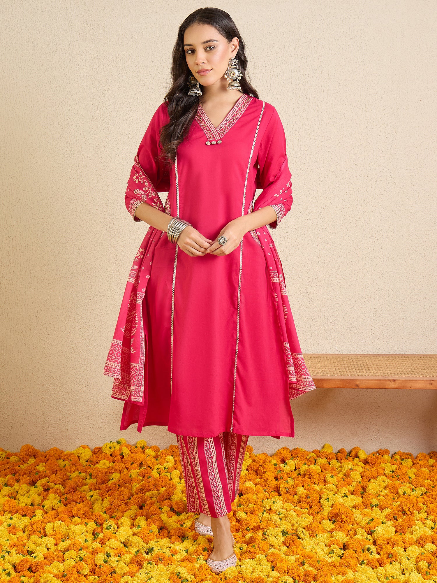 Indo Era Pink Printed A-Line Kurta Palazzos With Dupatta set