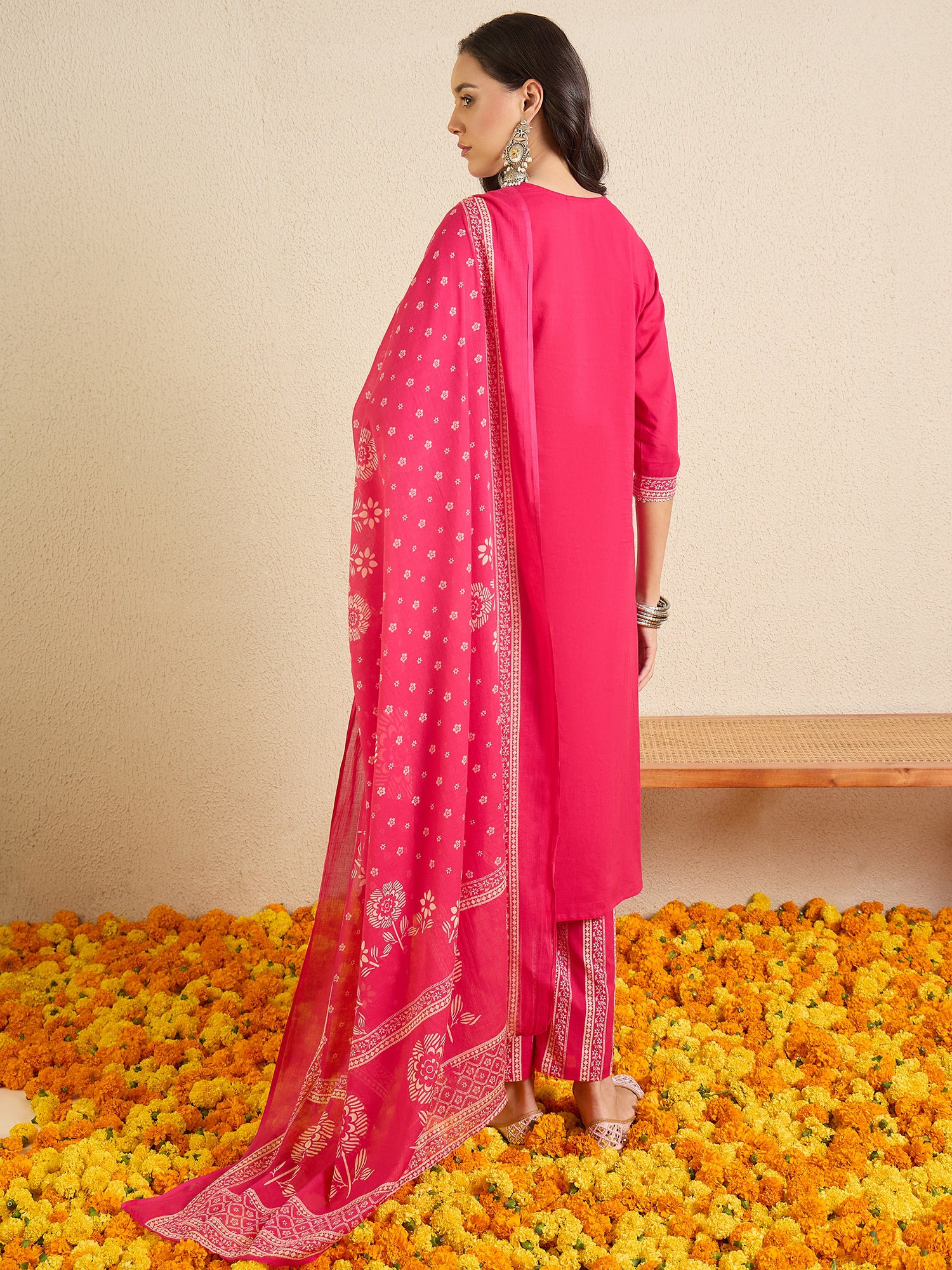 Indo Era Pink Printed A-Line Kurta Palazzos With Dupatta set