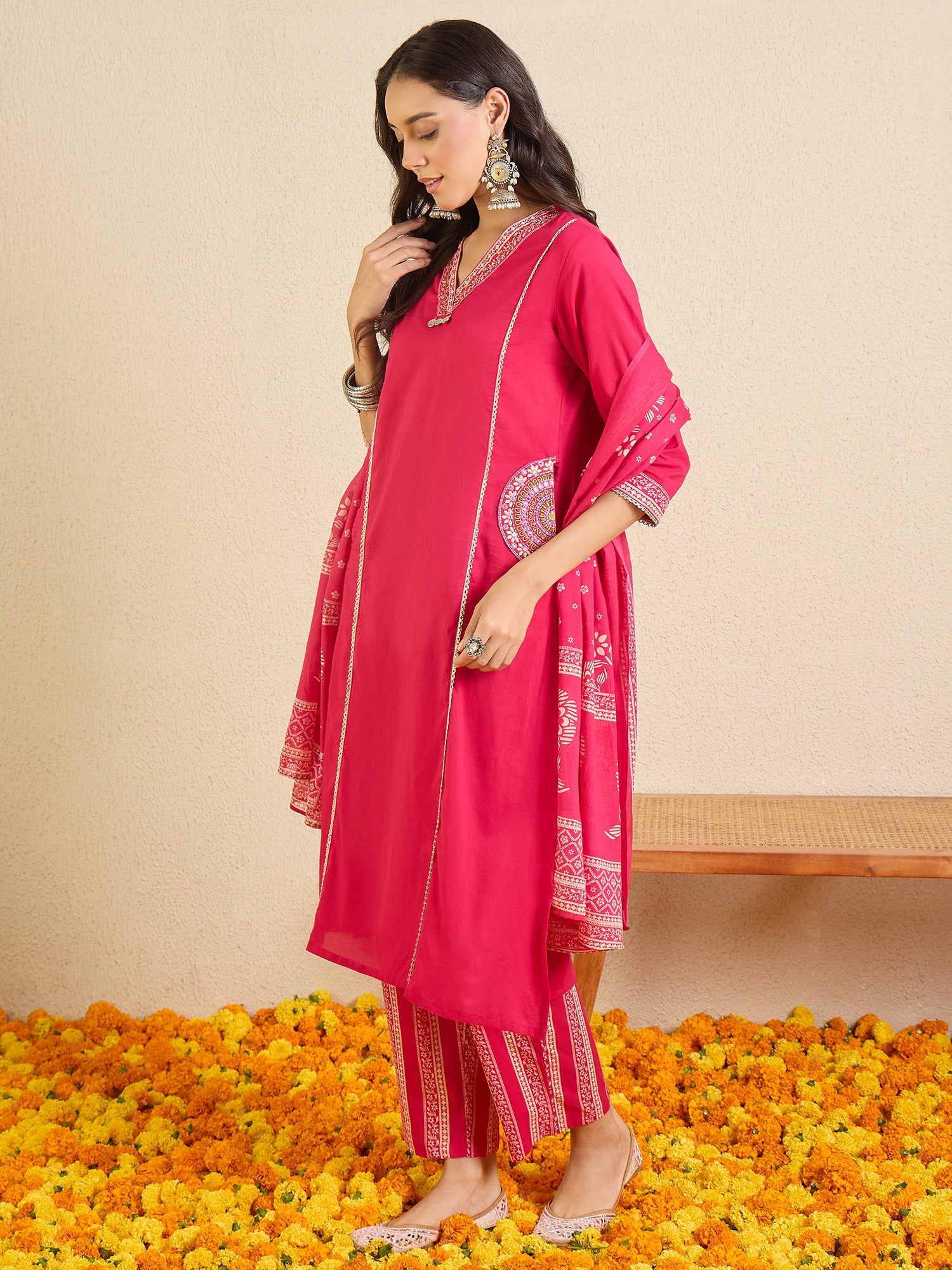 Indo Era Pink Printed A-Line Kurta Palazzos With Dupatta set