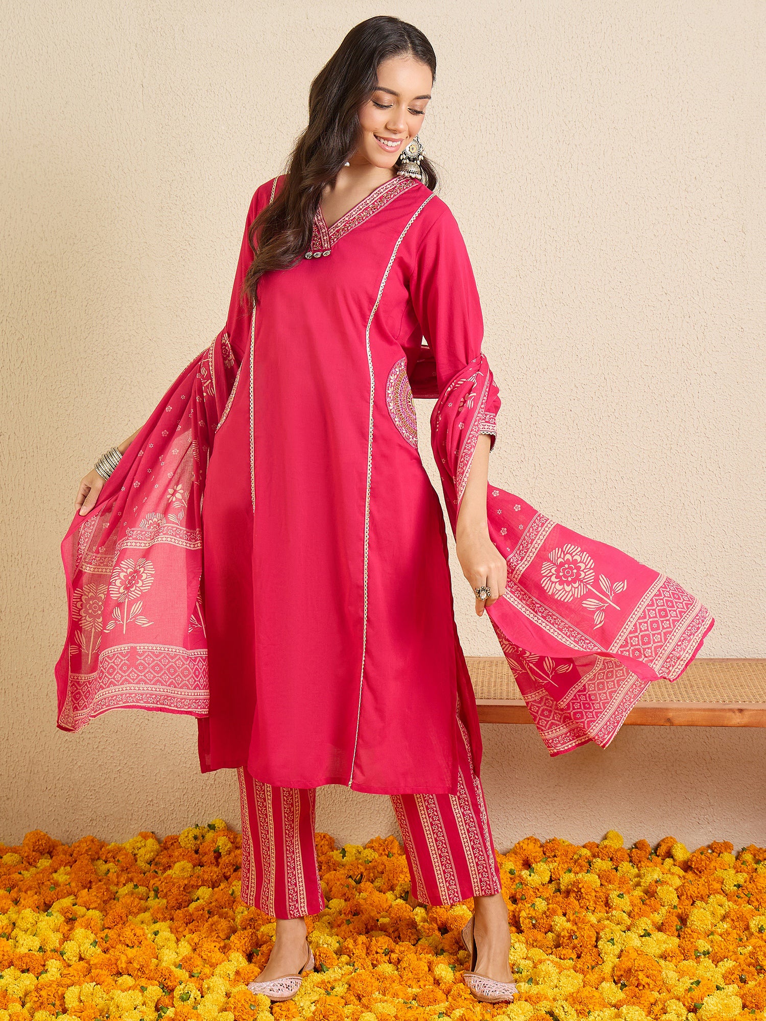 Indo Era Pink Printed A-Line Kurta Palazzos With Dupatta set