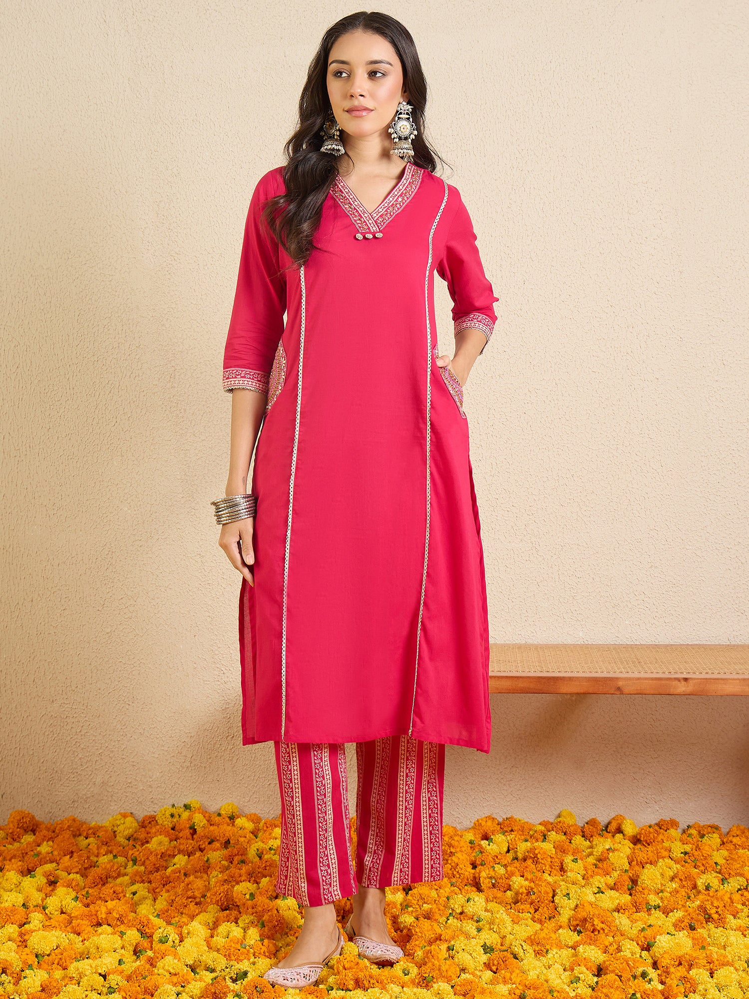 Indo Era Pink Printed A-Line Kurta Palazzos With Dupatta set