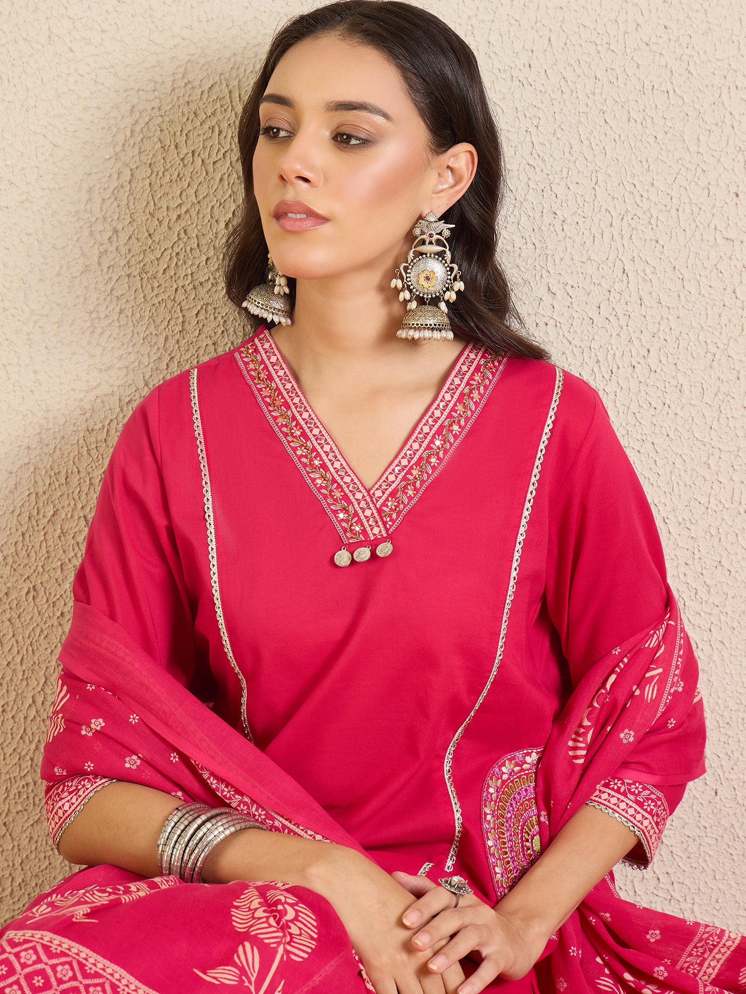 Indo Era Pink Printed A-Line Kurta Palazzos With Dupatta set