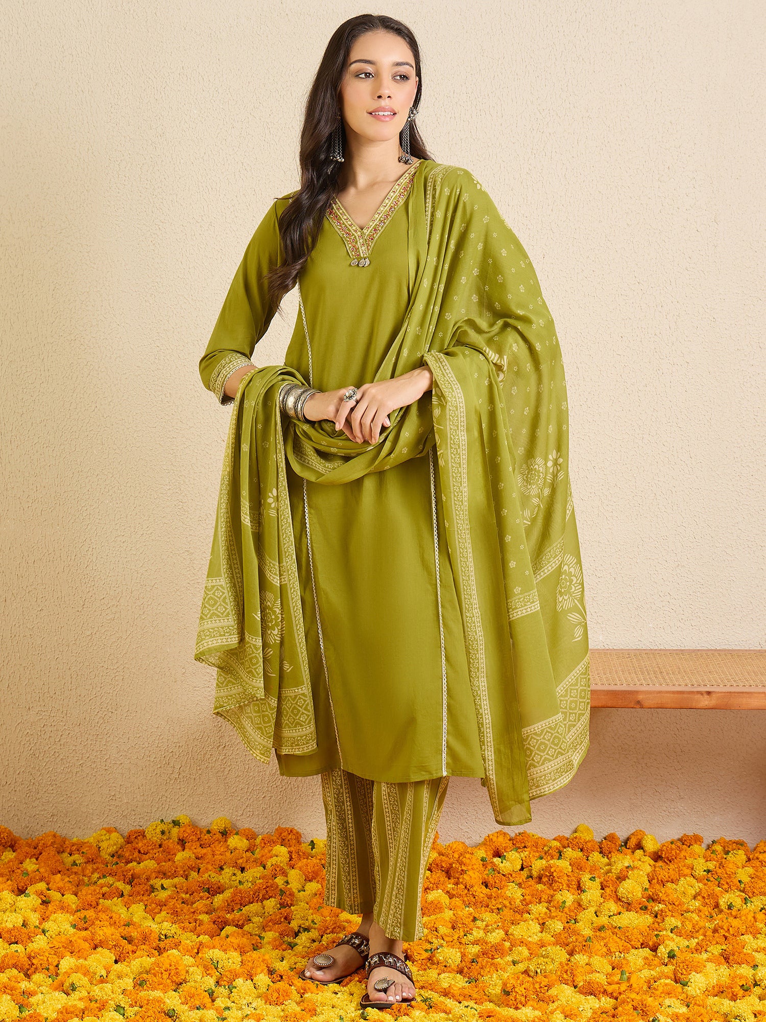 Indo Era Green Printed A-Line Kurta Palazzos With Dupatta set