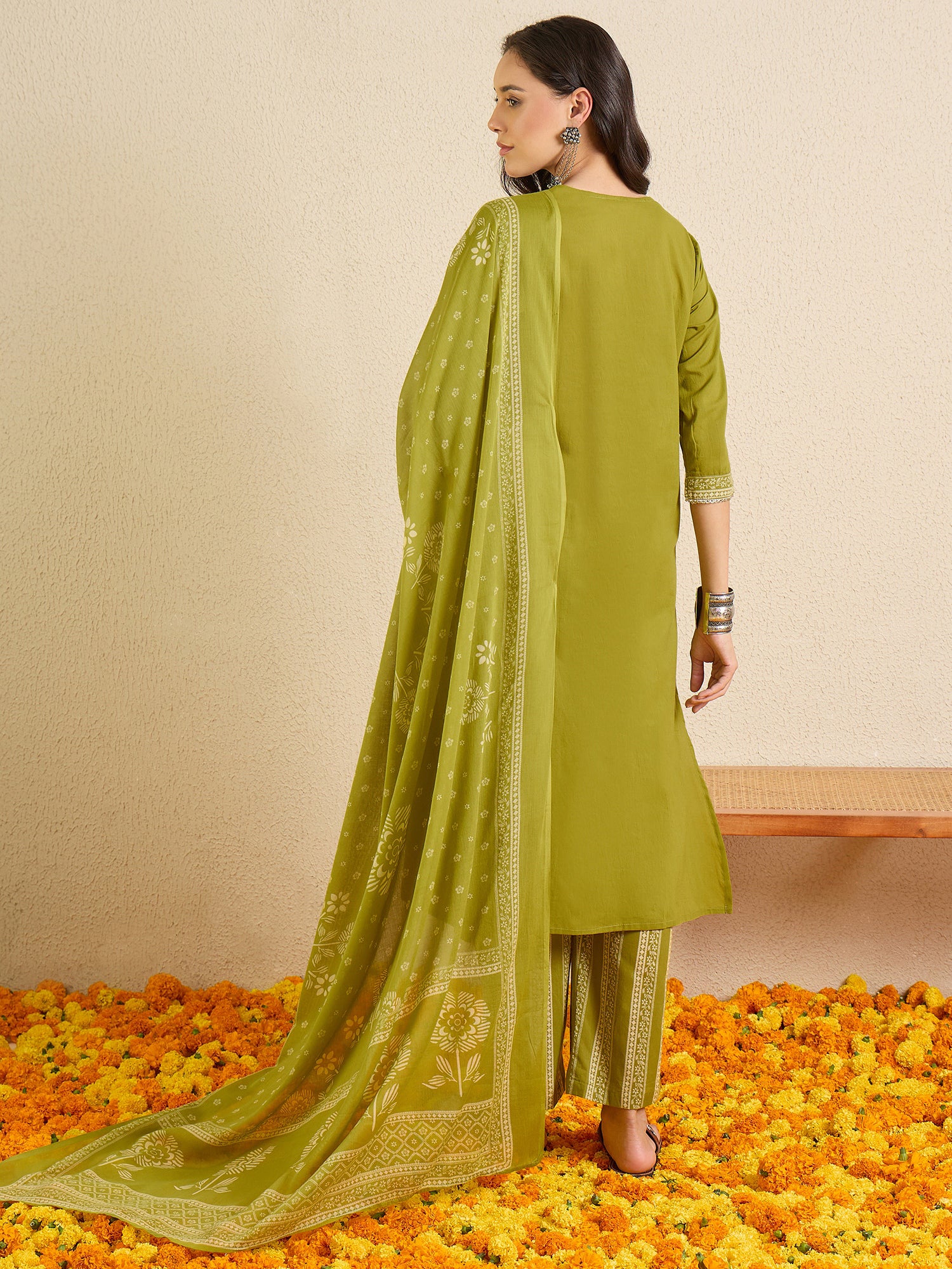 Indo Era Green Printed A-Line Kurta Palazzos With Dupatta set