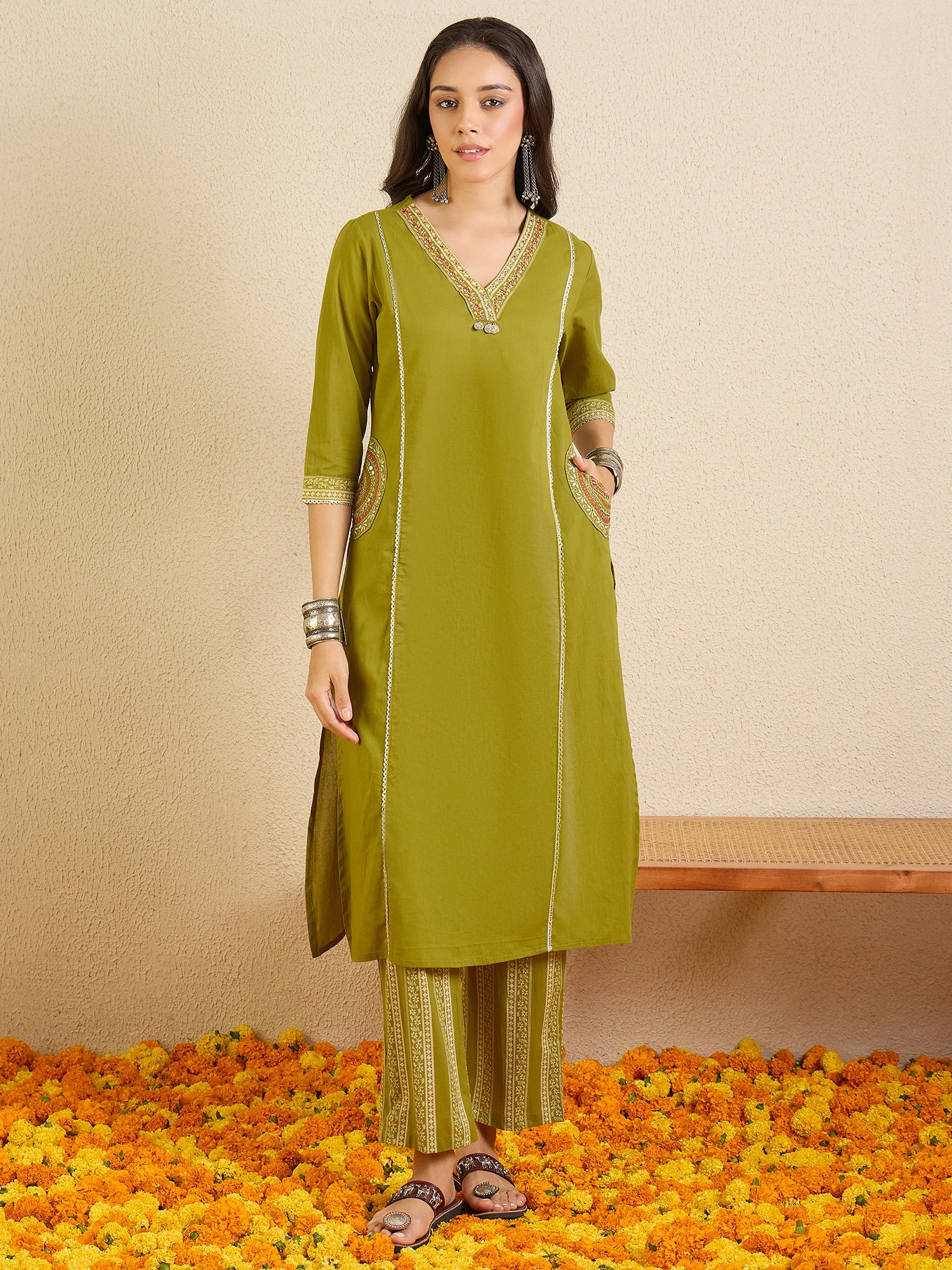 Indo Era Green Printed A-Line Kurta Palazzos With Dupatta set