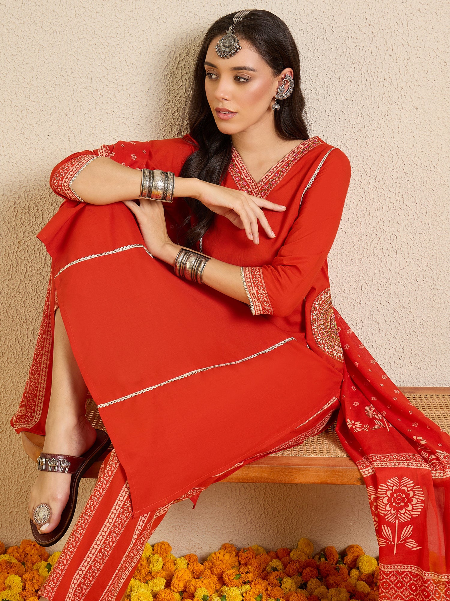 Indo Era Red Printed A-Line Kurta Palazzos With Dupatta set