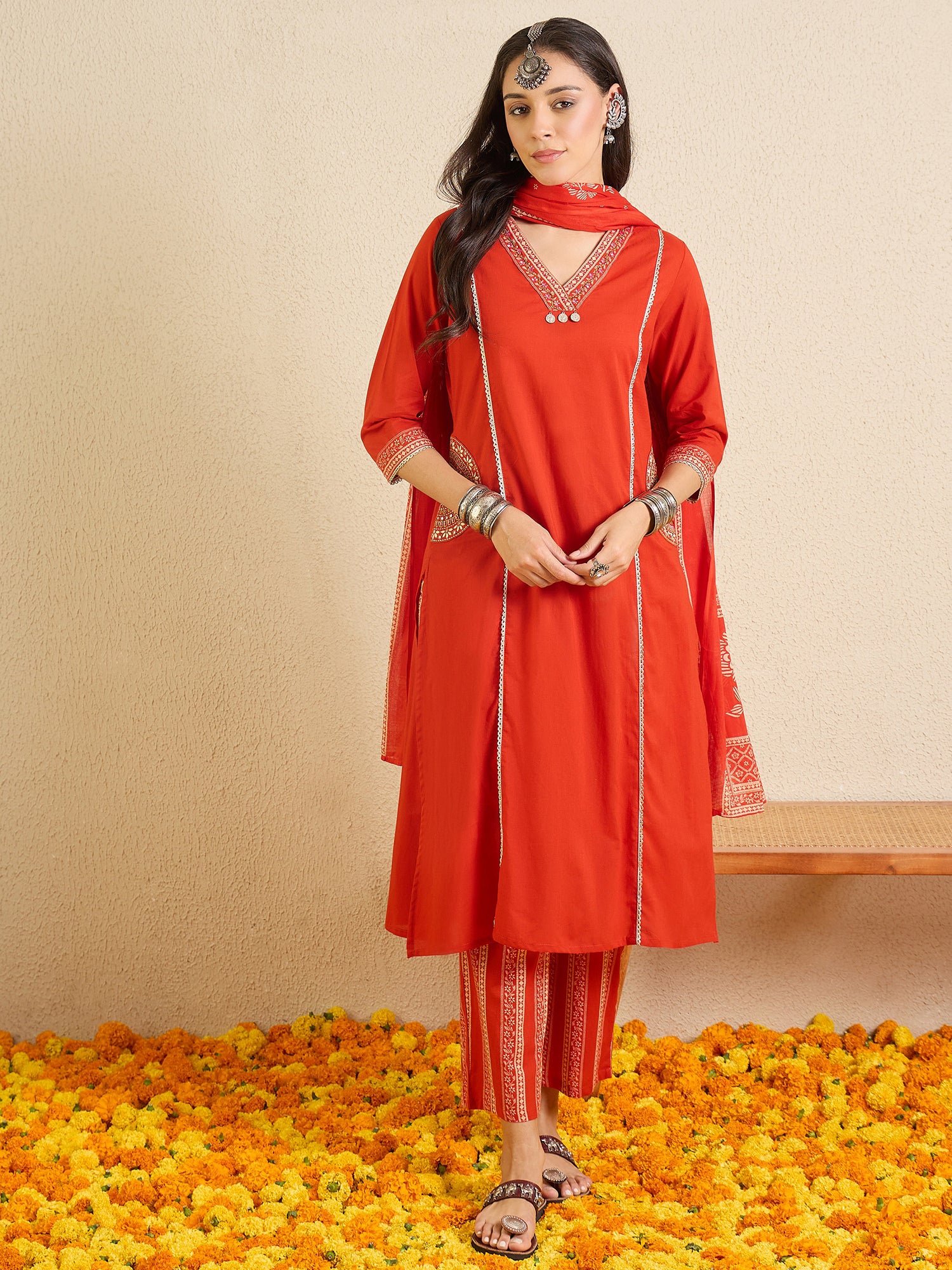 Indo Era Red Printed A-Line Kurta Palazzos With Dupatta set