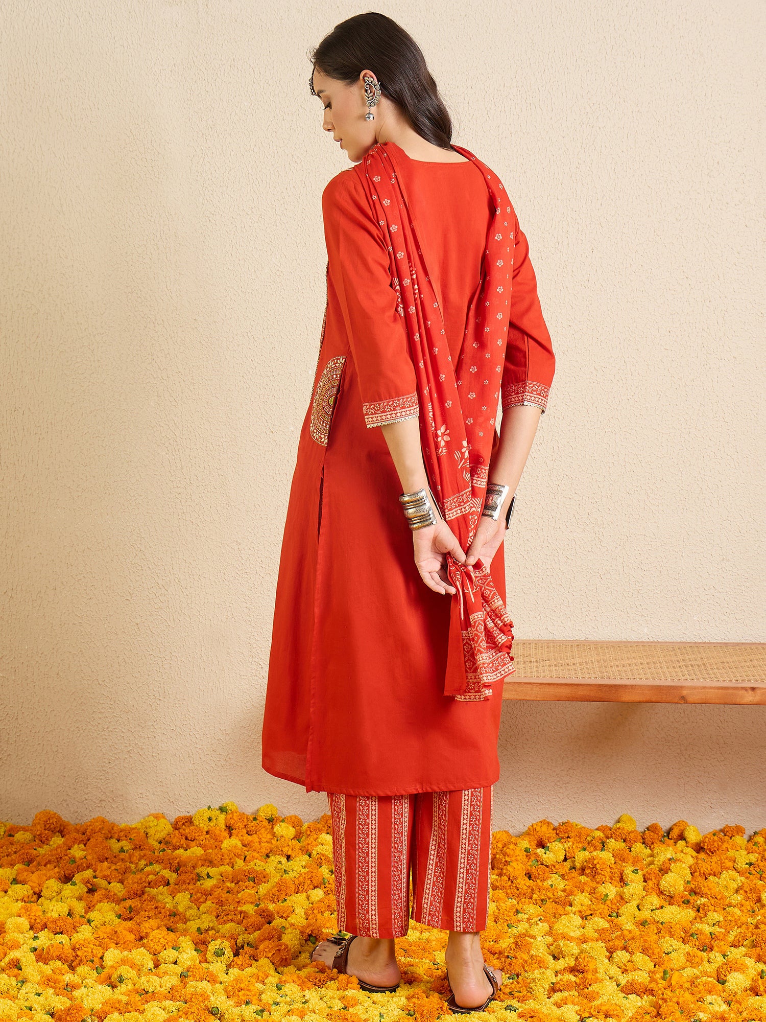 Indo Era Red Printed A-Line Kurta Palazzos With Dupatta set