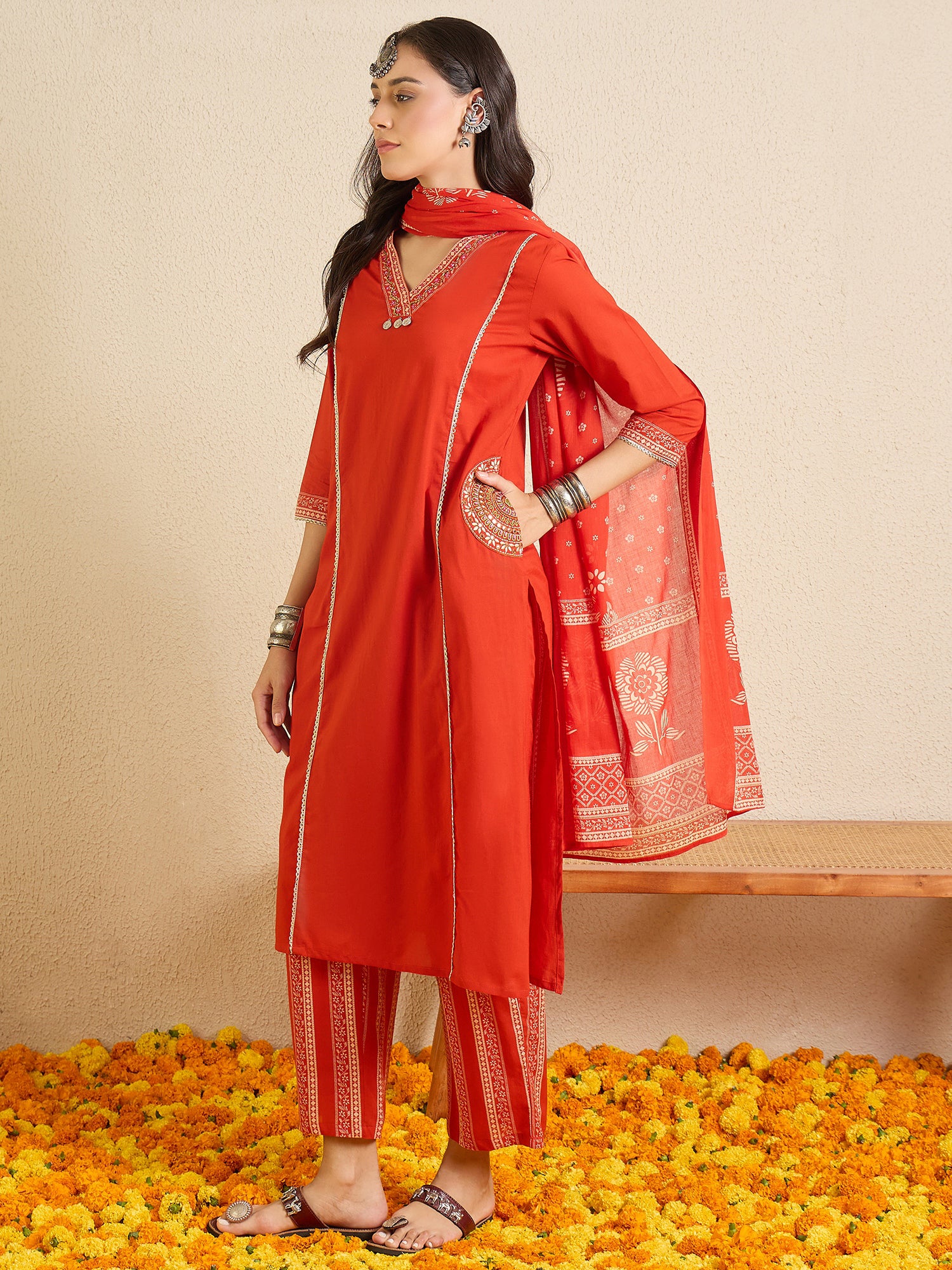 Indo Era Red Printed A-Line Kurta Palazzos With Dupatta set